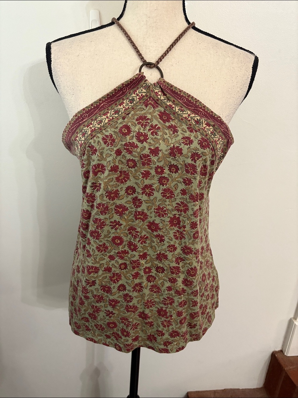 Chaps Olive Green floral  Boho Halter Blouse Size Large